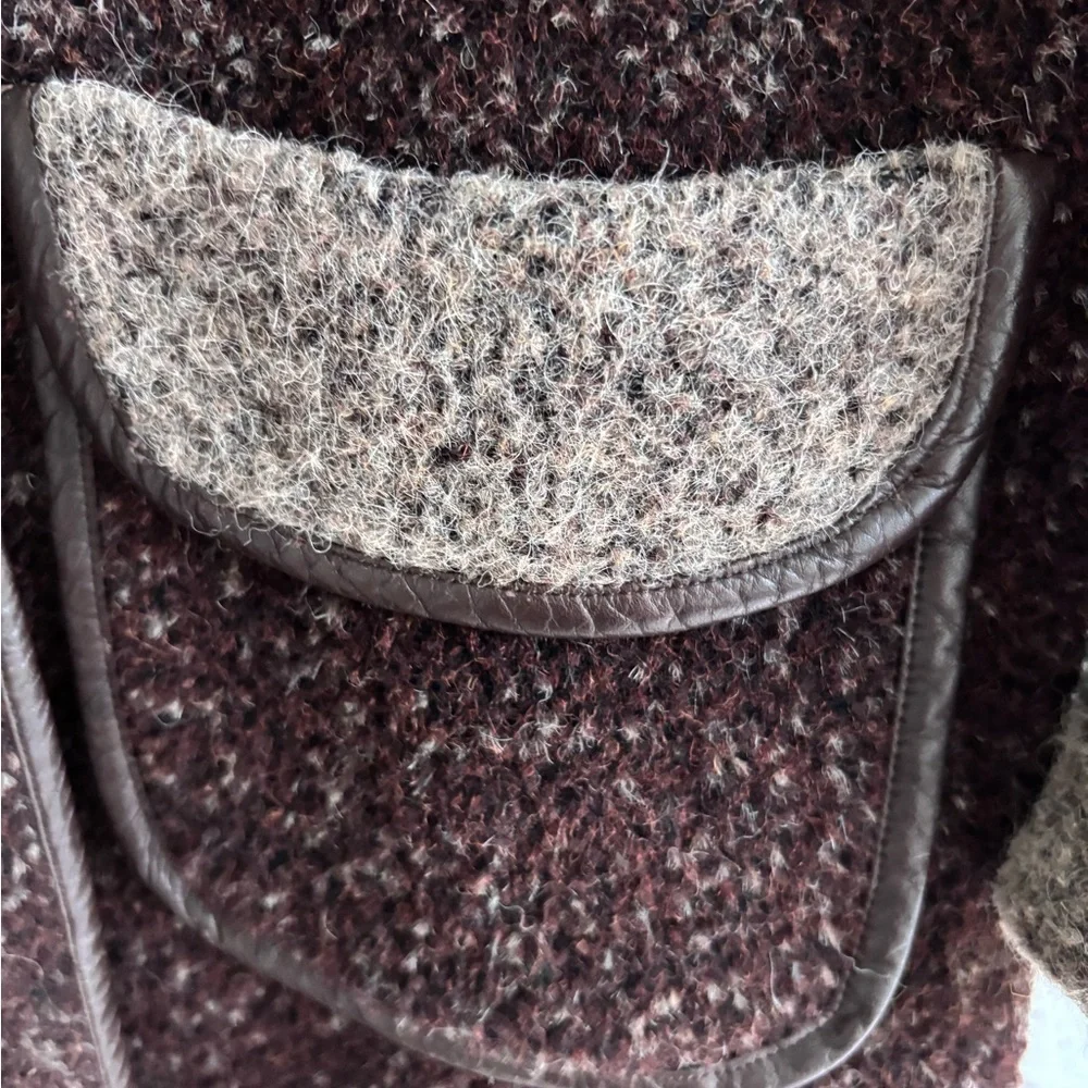 Vintage Made In Japan Women's Brown Wool Leather Trim Coat L - Picture 7 of 9